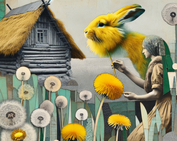 Whimsical Collage of Cabin, Rabbit, and Nature