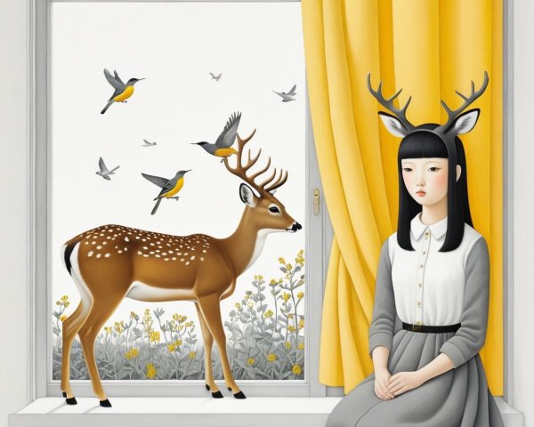 Young Girl with Antlers Gazing by a Window