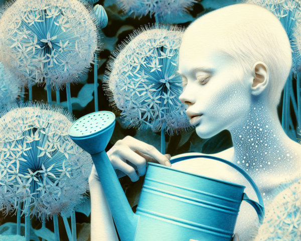 Surreal Illustration of a Serene Figure with Flowers