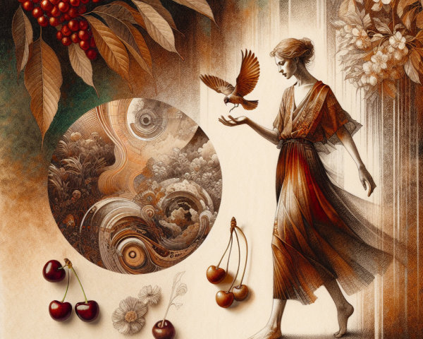 Graceful Woman in Flowing Dress with Bird and Designs