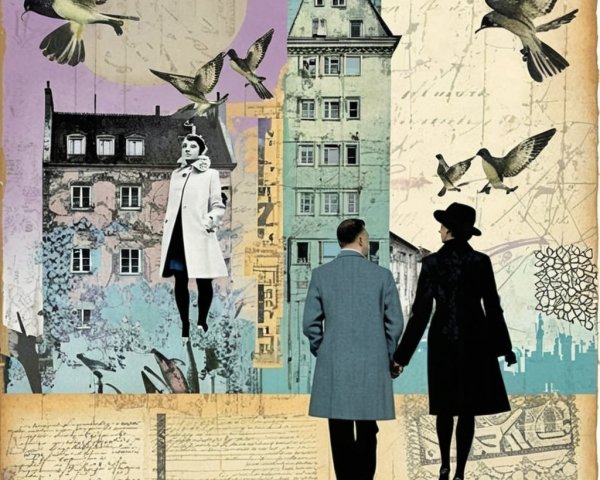 Whimsical Collage of Couple in Vibrant Urban Scene