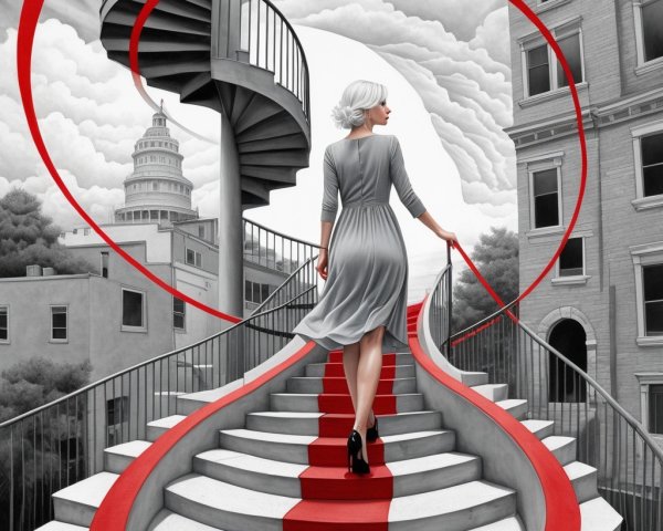 Woman in Gray Dress on Spiral Staircase with Clouds