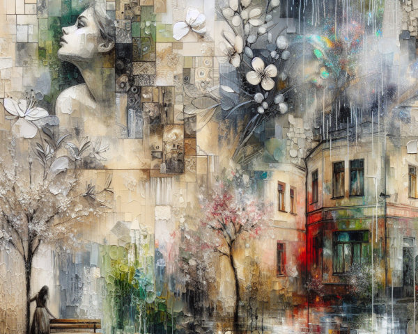 Aquarelle Cityscape Collage with Floral Elements