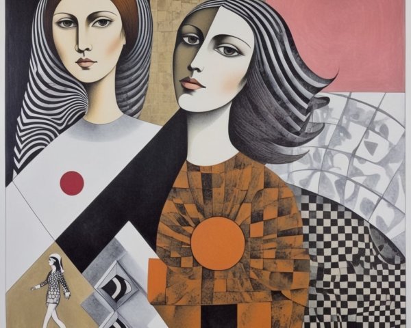 Stylized Female Figures with Geometric Background