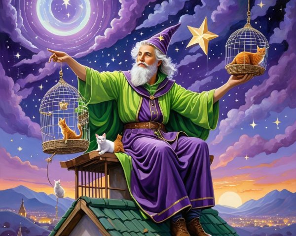 Whimsical Wizard with Cats on Rooftop at Twilight
