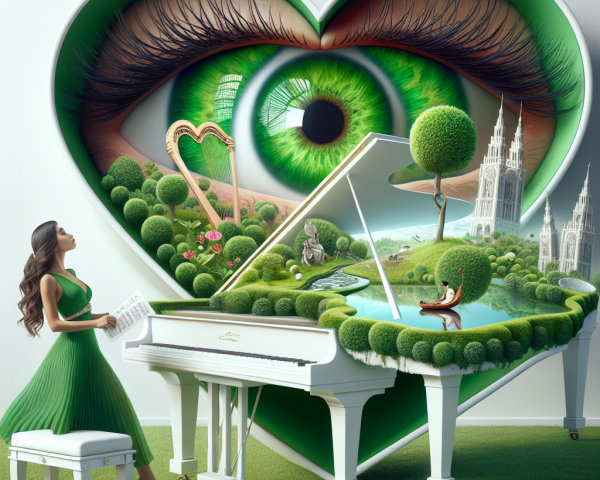 Woman in Green Dress at White Grand Piano in Nature