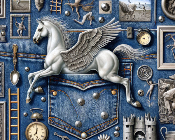 Surreal Collage with Winged Horse on Denim Background