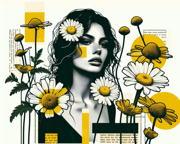 Portrait of a Woman Amidst Daisies and Abstract Shapes