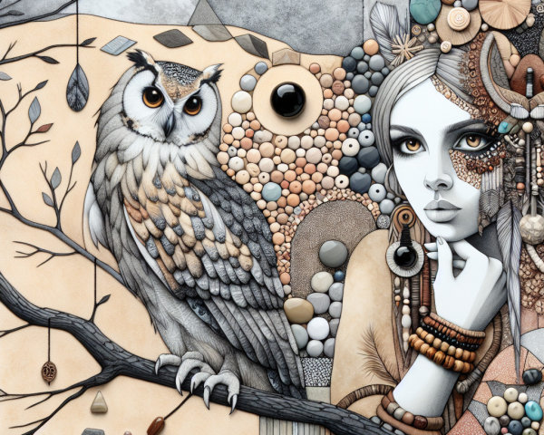 Stylized Owl and Woman in Earthy Decorative Artwork