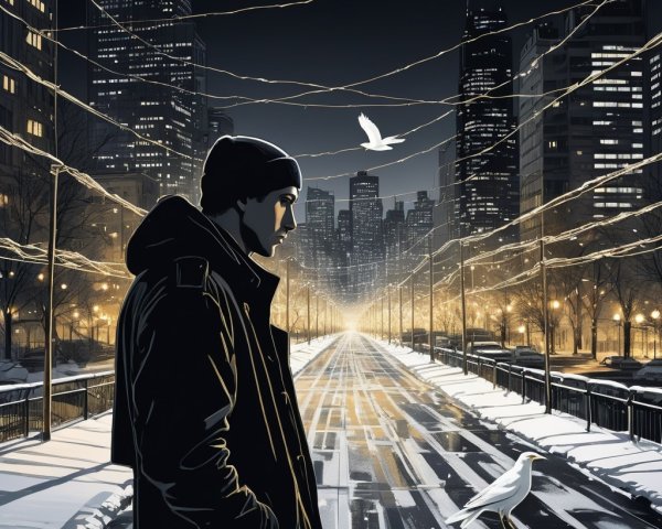 Solitary Figure on Snowy Urban Street at Night