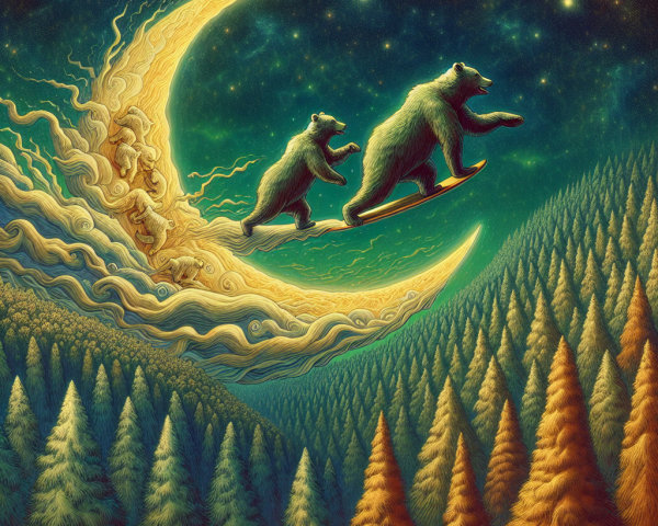 Bears Riding a Crescent Moon Over Pine Hills