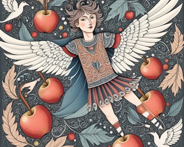 Ethereal Figure with Wings Surrounded by Apples and Doves