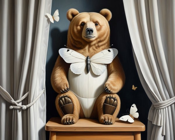 Bear on Stool Surrounded by Butterflies and Drapery