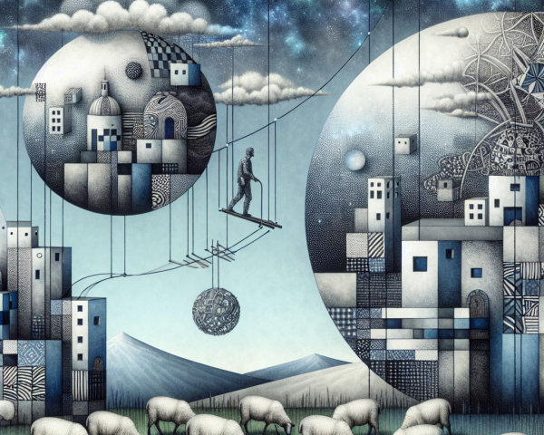 Surreal Landscape with Geometric Shapes and Celestial Bodies