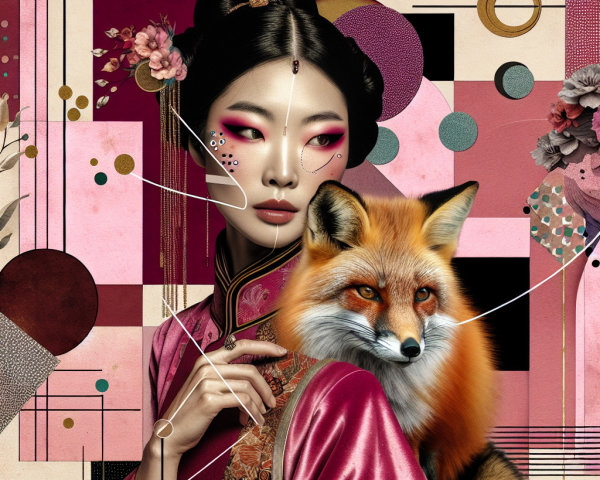 Stylized Woman in Traditional Attire with Fox Companion