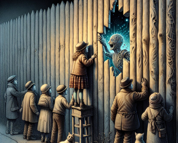 Curious Figures Observe Mystical Robotic Figure