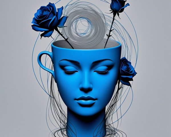 Blue Human Head Sculpture with Roses and Swirling Lines