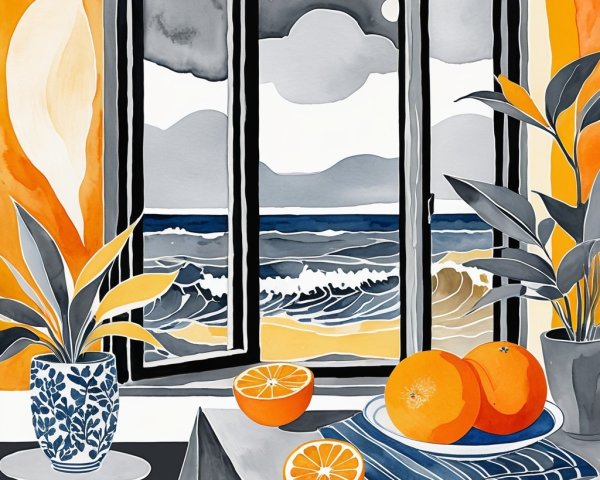 Picturesque Window Scene with Ocean View and Oranges