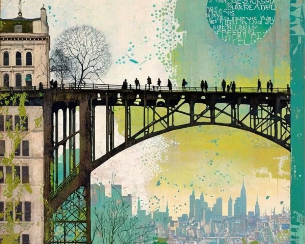 Stylized Cityscape with Bridge and Vibrant Colors