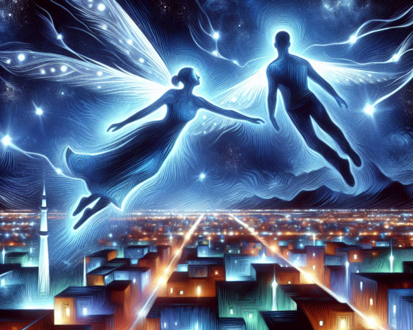 Ethereal Beings Soaring in Colorful Cityscape Night