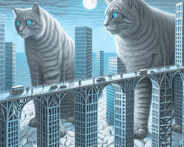 Giant Striped Cats Overlook a Surreal Cityscape