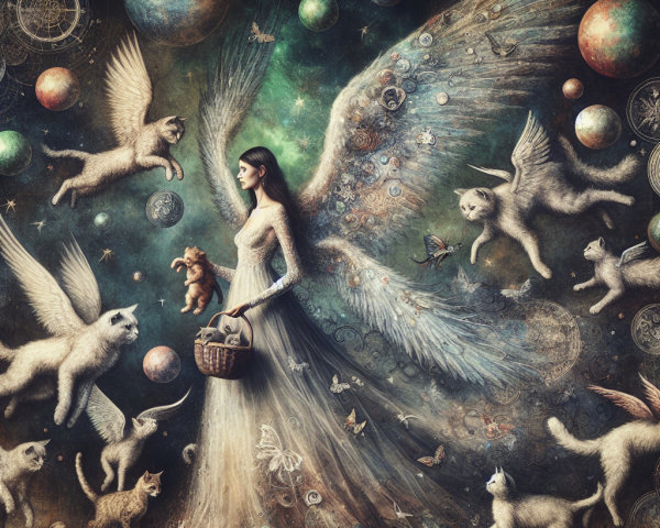 Dreamlike Scene of Winged Figures and Kittens