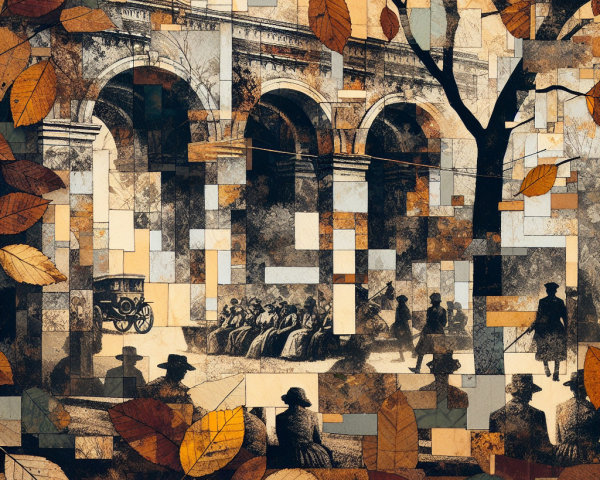 Layered Collage of Early 20th-Century Scene