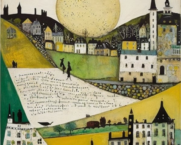 Whimsical Landscape with Colorful Houses and Sun