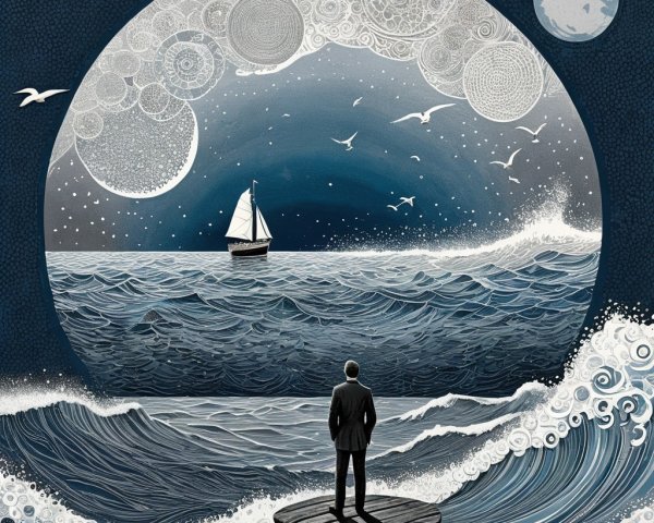 Man in Formal Attire Overlooking Dynamic Ocean Scene