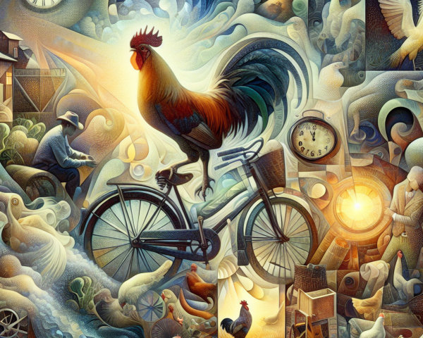 Surreal Scene of Rooster on Bicycle with Whimsical Elements