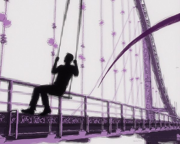 Silhouette on Bridge Against Purple-Toned Background
