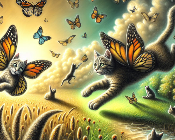 Cats with Butterfly Wings in a Colorful Landscape