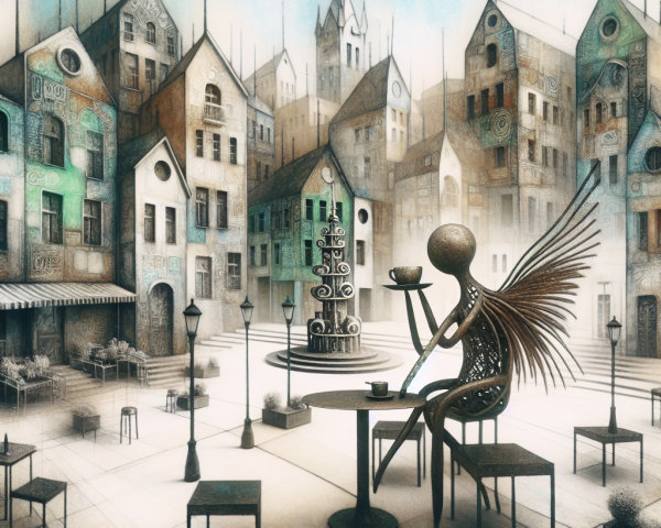 Whimsical City Square with Surreal Architecture and Wings