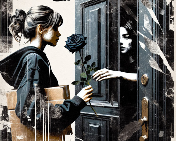 Young woman with box and rose at door with mystery