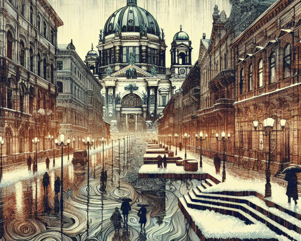 Winter City Street with Snowy Pavement and Dome