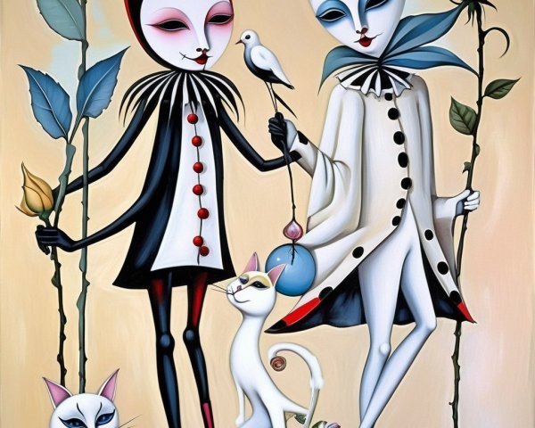 Whimsical Cat Figures in Playful Theatrical Attire