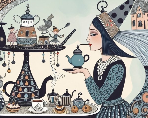 Whimsical Illustration of a Fantasy Tea Party Scene
