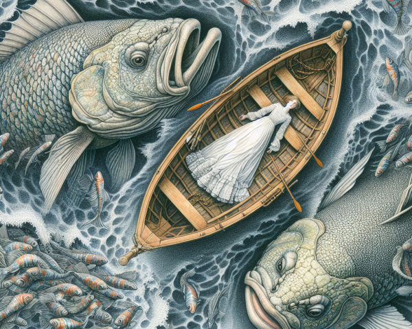 Surreal Scene of Woman in Boat Amid Giant Fish