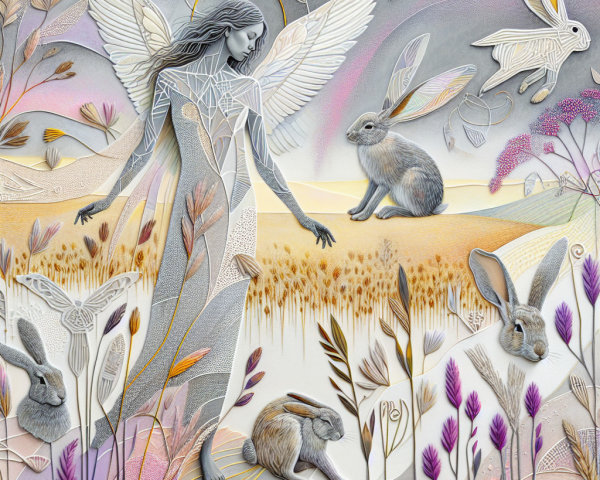 Serene angelic figure in an ethereal landscape