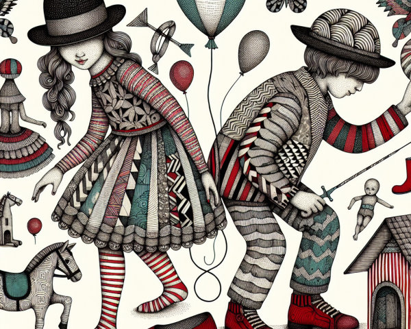 Whimsical Illustrated Scene of Children and Playful Elements