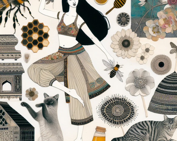 Collage of Dancer with Bees, Flowers, and Cats