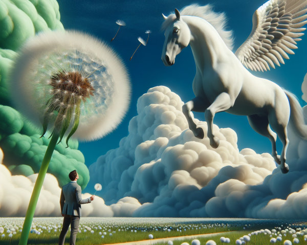 Surreal Landscape with Oversized Dandelions and Clouds