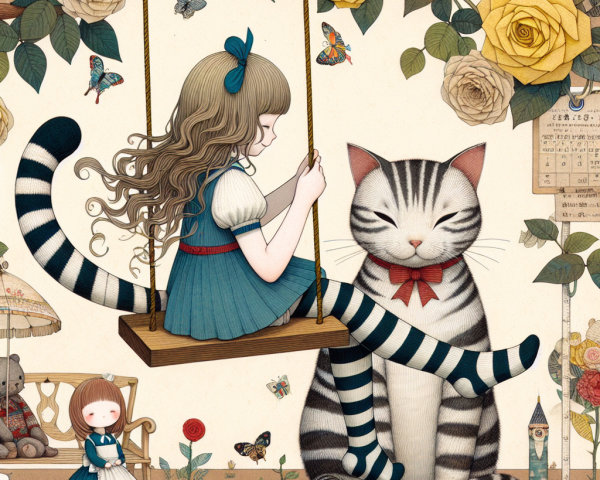Whimsical Scene of a Girl Swinging with a Cat