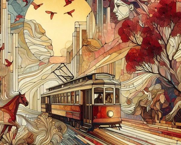 Stained-glass scene of a tram in a vibrant landscape
