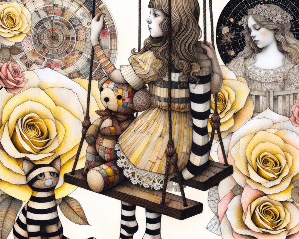 Girl on a Swing Surrounded by Roses and Patterns