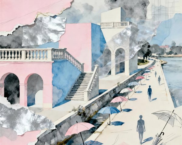 Watercolor Collage of Pastel Building with Stormy Sky