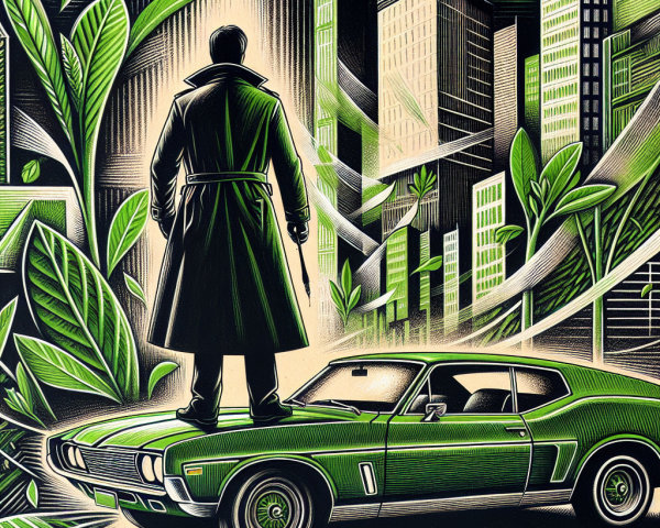 Figure in Trench Coat on Classic Car in Cityscape