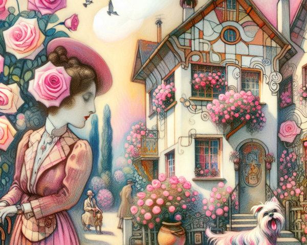 Pastel Scene with Woman, Dog, and Whimsical House