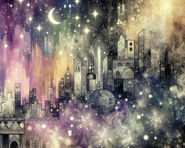 Whimsical Cityscape Under Twilight Sky with Stars