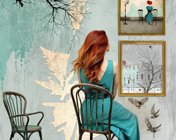 Woman with Red Hair in Vintage Chair Surrounded by Art